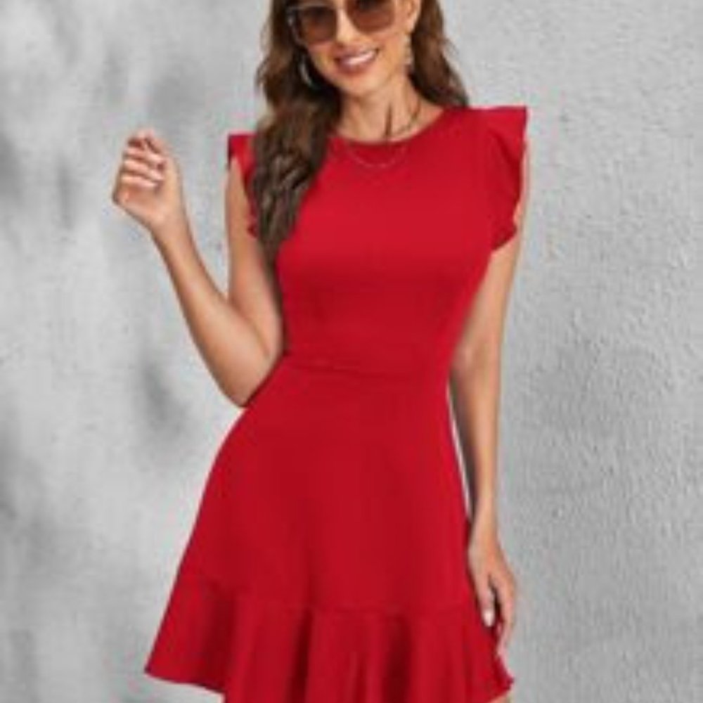 Solid ruffle trim A-line dresd